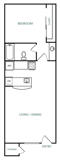 The Jerome A1 floorplan featuring 1 bedroom, 1 bathroom, and 537 square feet of living space with an open-concept living/dining area.