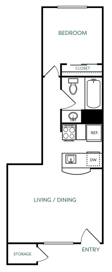 The Jerome A2 floorplan featuring 1 bedroom, 1 bathroom, and 563 square feet, with a combined living/dining area and closet.