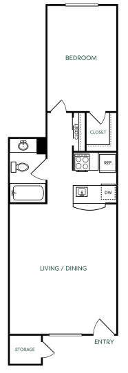 The Jerome A3 floorplan featuring 1 bedroom, 1 bathroom, and 627 square feet, with a spacious living/dining area and two closets.