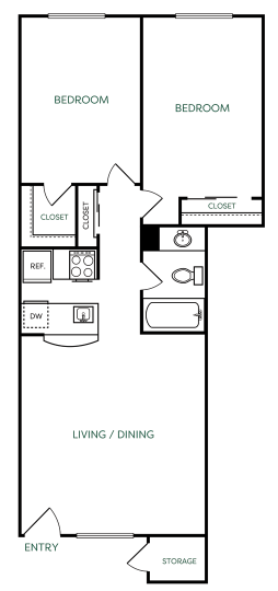 The Jerome B1 floorplan featuring 2 bedrooms, 1 bathroom, and 783 square feet of living space, including a combined living/dining area.