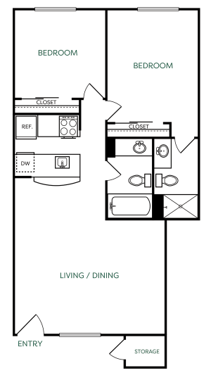 The Jerome B2 floorplan featuring 2 bedrooms, 2 bathrooms, and 848 square feet of living space with a combined living/dining area.