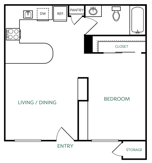 The Jerome E1 floorplan featuring a studio layout with 1 bathroom and 413 square feet, including a combined living/dining area and a closet.